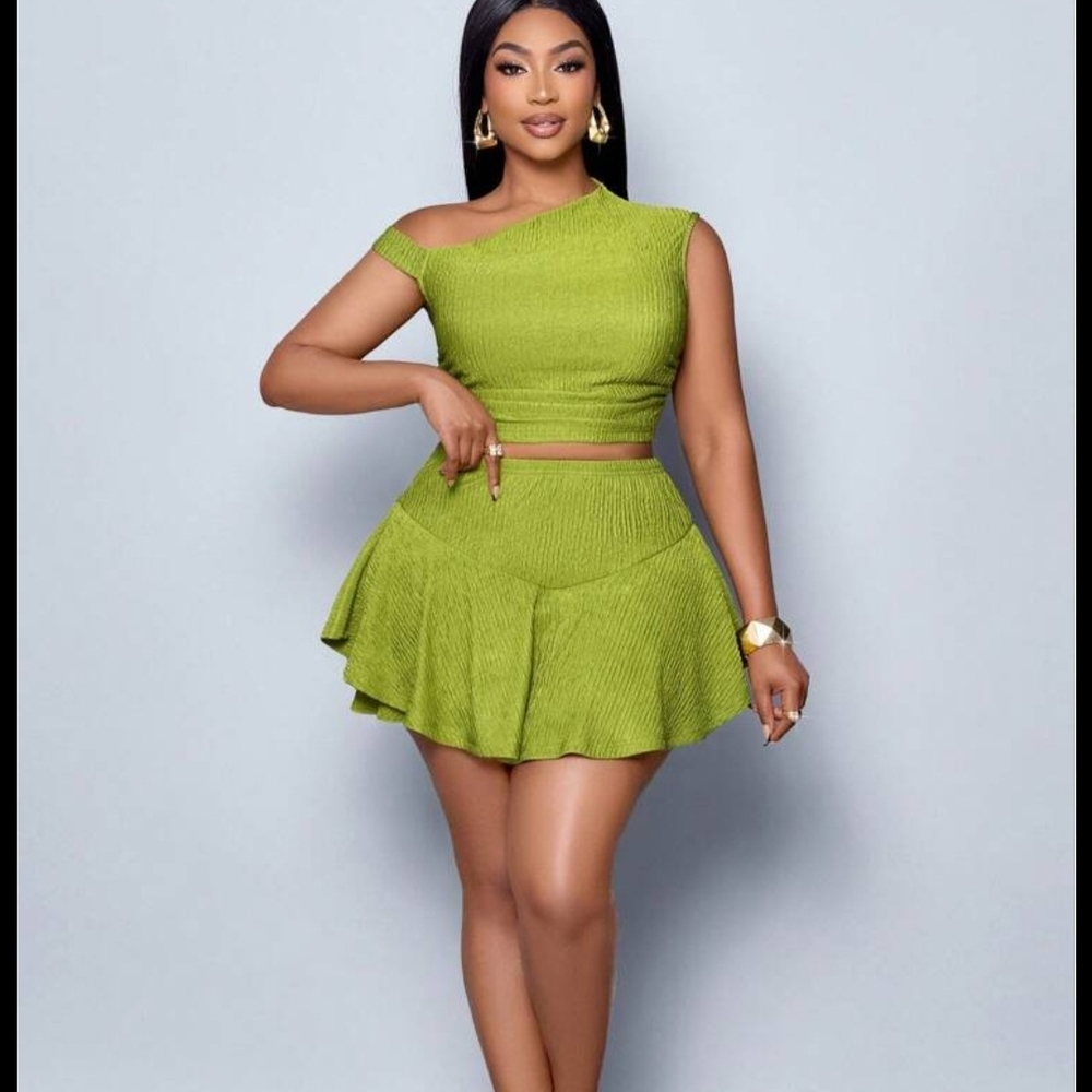 Green Ribbed Flare Mini Skirt Set